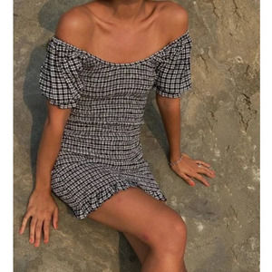 Faithfull The Brand Black Gray White Size 6 Gingham Smocked Ruffle Mini Dress